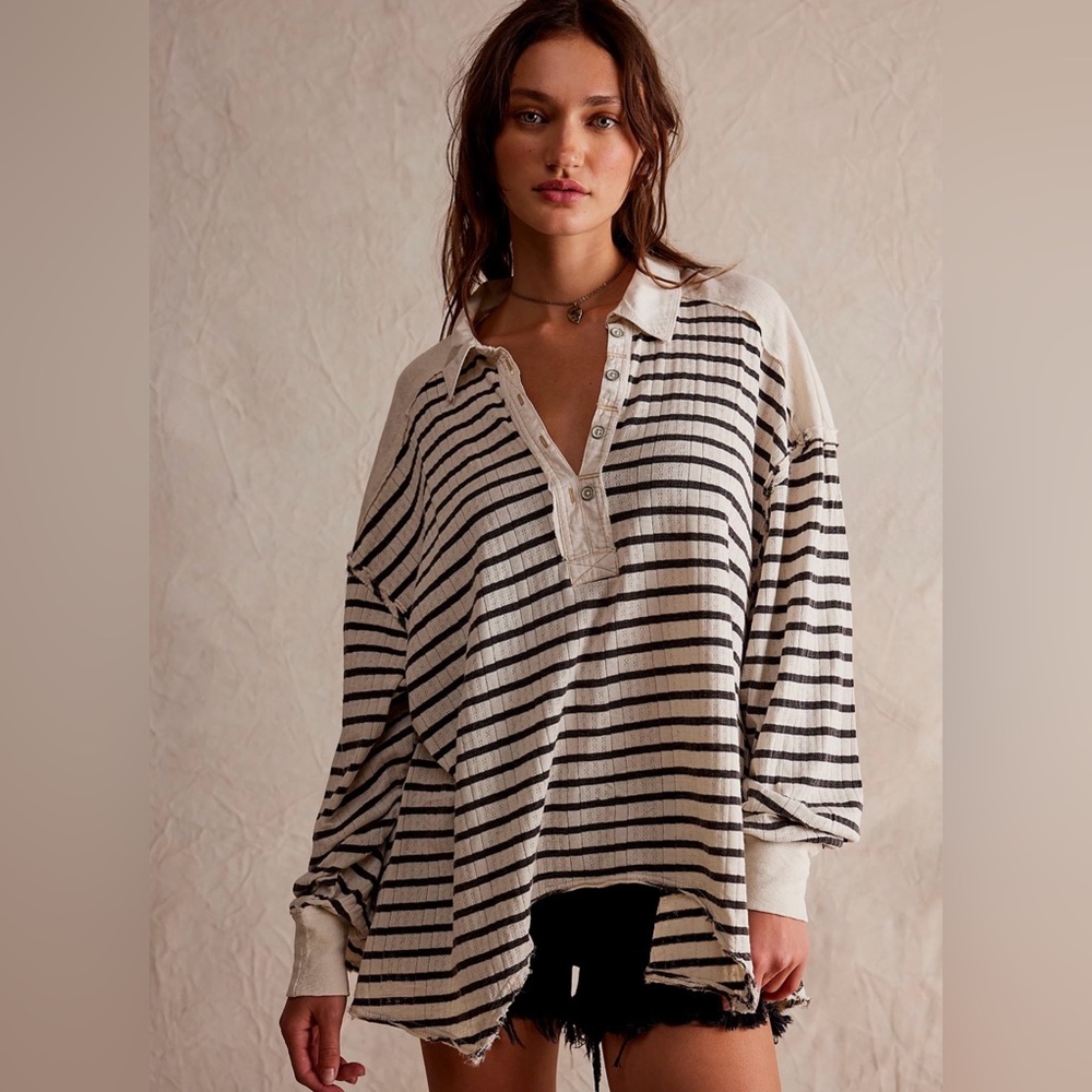 We The Free All for You Polo. Black and White Striped Button Down Shirt Sz Large